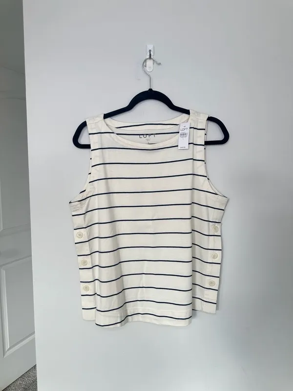 NWT 100% Cotton Loft Striped Tank Top Size L White Blue Side Button Sleeveless - Image 8