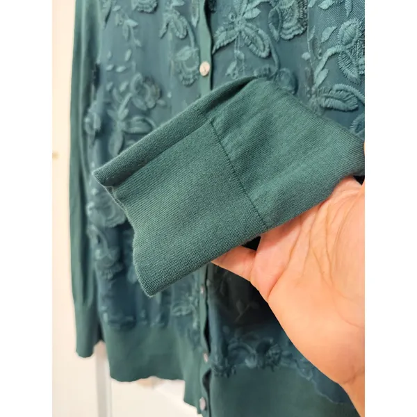 Ann Taylor Factory Teal Green Floral Embroidered Mesh Cardigan Sweater Large - Image 4