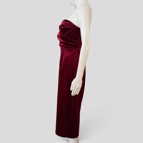 Express Velvet Strapless Midi Dress M Burgundy Draped Sweetheart Cocktail - Image 3