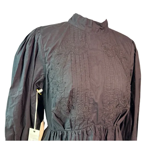 Happy x Nature NWT M Black Embroidered Cotton Open Back Tie Mini Dress Pockets - Image 3