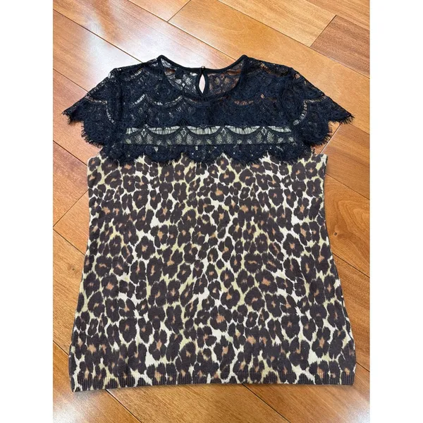 Ann Taylor Leopard Print Lace Yoke‎ Top Womens Brown Black Knit Sweater M - Image 5