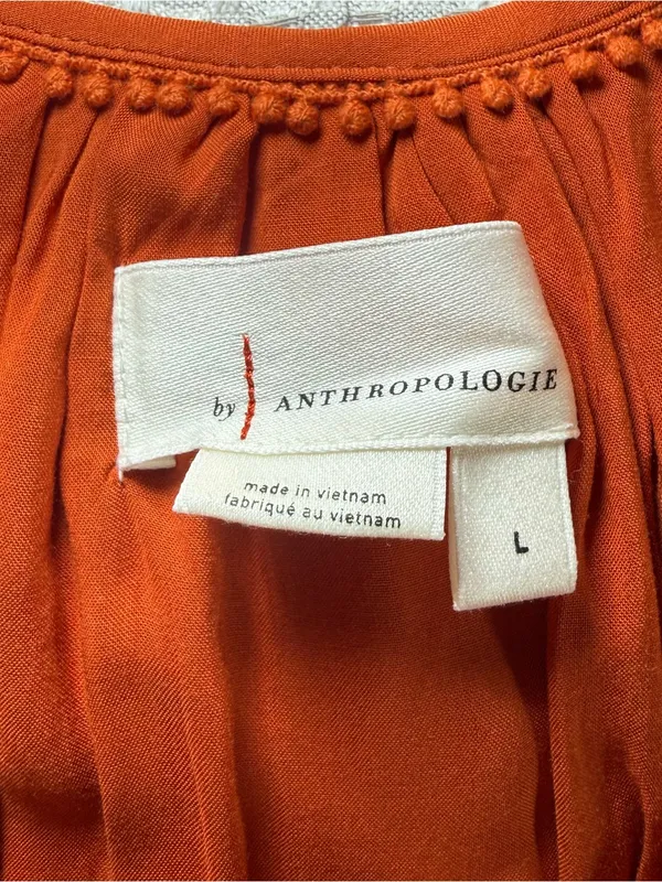 Anthropologie Fall Orange Polka V-Neck Short Sleeve Smocked Waist Short Dress L - Image 6