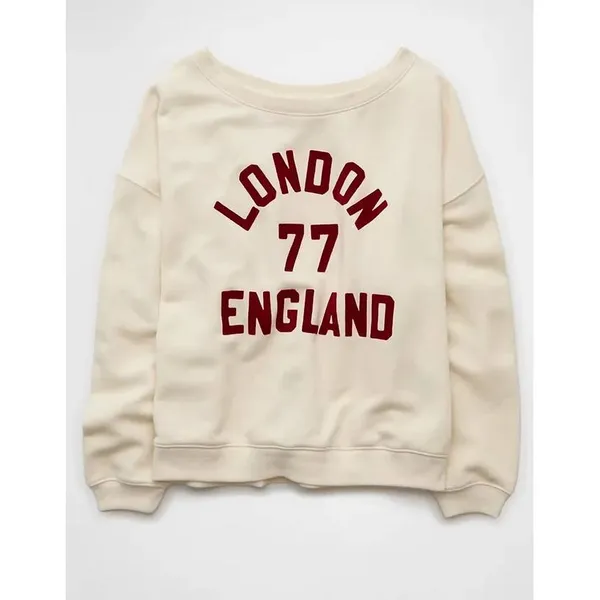 American Eagle Sweatshirt AE Off The Shoulder London 77 England Small Cream - Image 14