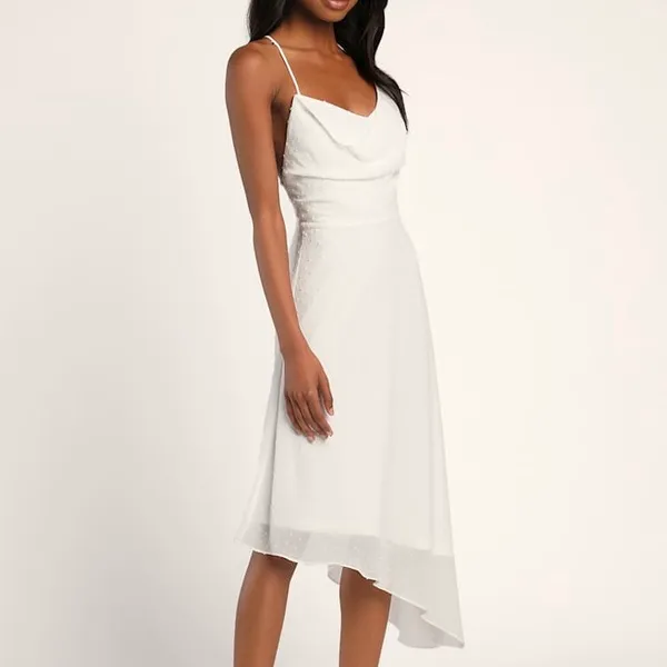 Lulus A Chance on Romance White Swiss Dot Asymmetrical Midi Dress Junior Size Large - Image 3