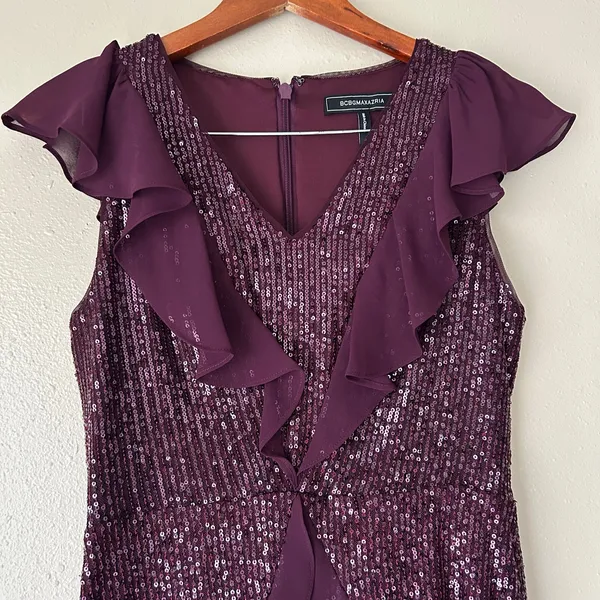 BCBGMaxAzria Purple Sequin Ruffle Mini Dress Size Small - Image 6