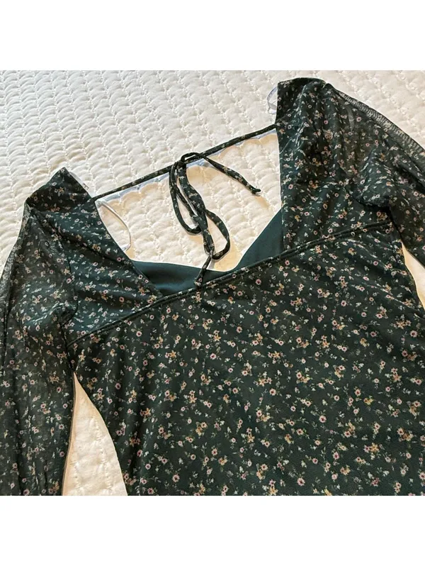 Lulus Bodysuit Long Sleeve Sz S Small Green Floral Mesh Sweetheart Neckline NWT - Image 11