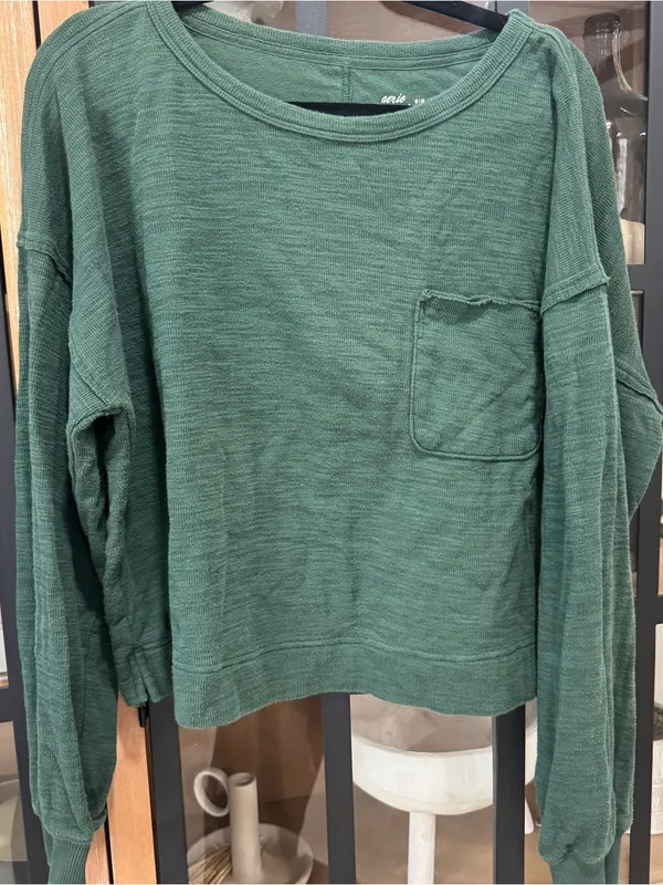 Aerie forest green long sleeve cropped tee pullover ribbed pocket ribbed knit - Image 5