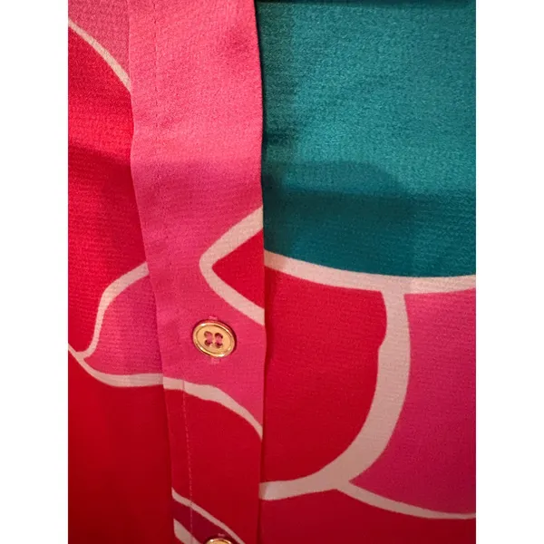 Entro Women Pink Teal Abstract Floral Satin Button Down Blouse Long Sleeve Small - Image 5