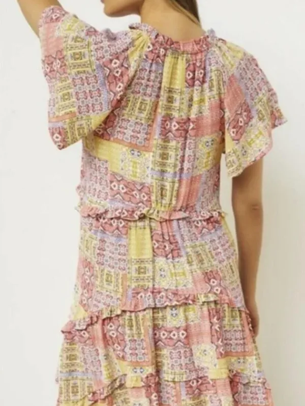 Anthropologie Pink and Yellow Robin Tiered Patchwork Mini Dress - Size - Small - Image 2