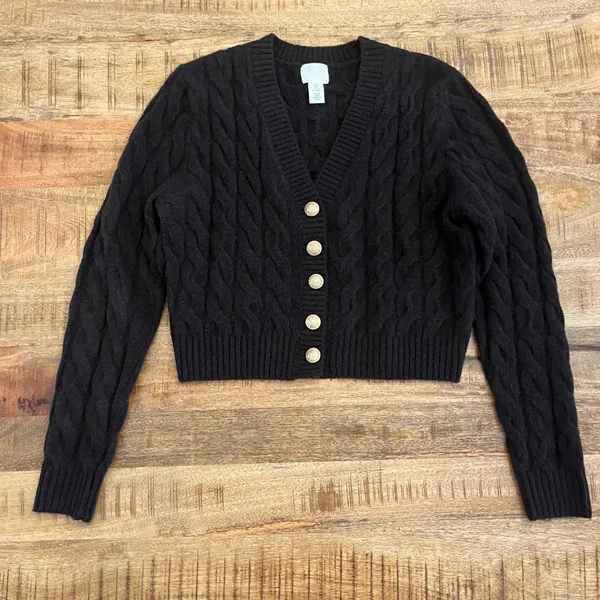 H&M‎ Cable Knit Cardigan S Chunky Chocolate Brown Old Money Wool Blend - Image 8
