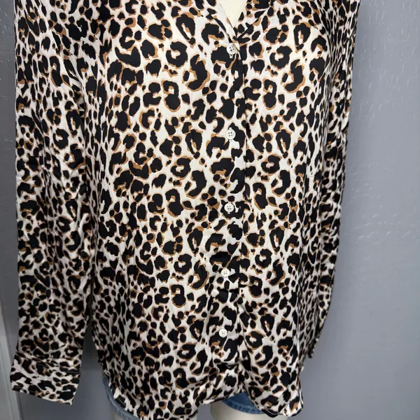Quince Washable Stretch Silk Notch Collar Blouse, Leopard, M - Image 2