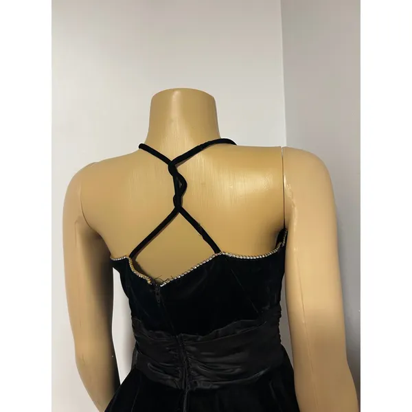 Vintage Night Way Black Velvet Peplum Dress Rhinestone Bow Halter 80s Glam 12 - Image 14