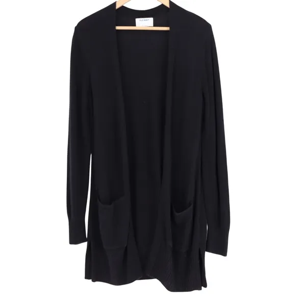 Old Navy Cardigan Sweater Womens Medium Black Knitted Stretch Open Front Pockets - Image 2