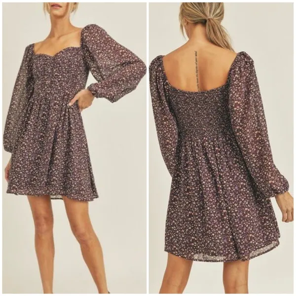 LUSH Boho Smocked Sweetheart Milkmaid Dress in Brown Berry Floral - Image 3