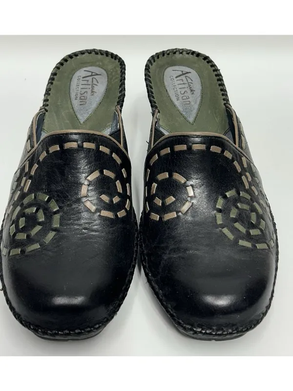 CLARKS Artisan Collection Leather Mules Womens 7.5M Black Y2K Contrast Stitch - Image 3