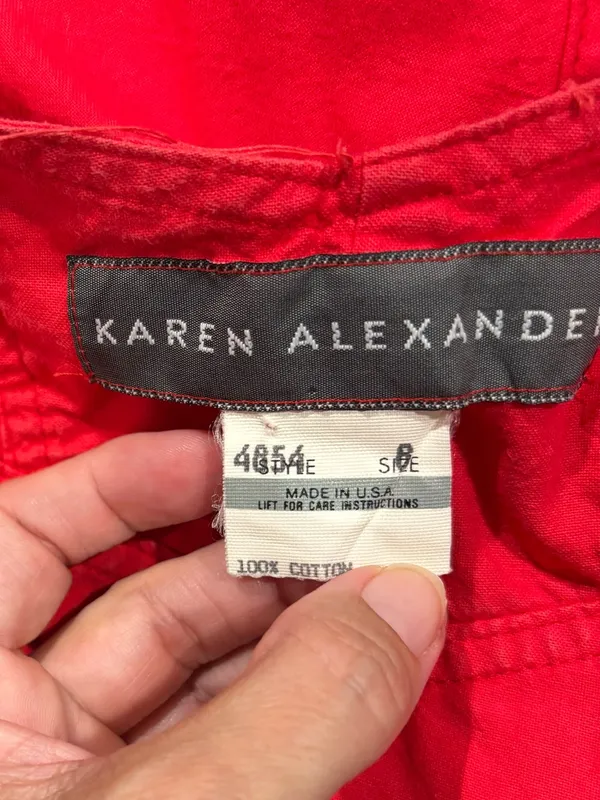 Vintage 90s Karen Alexander red w gold braid and buttons halter dress full skirt - Image 8