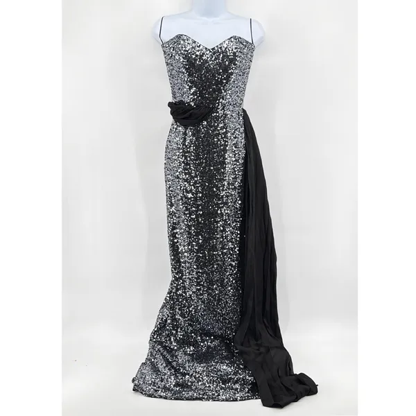 Badgley Mischka Gown Womens 4 Silver Black Excellent Sequin One Shoulder Formal - Image 2
