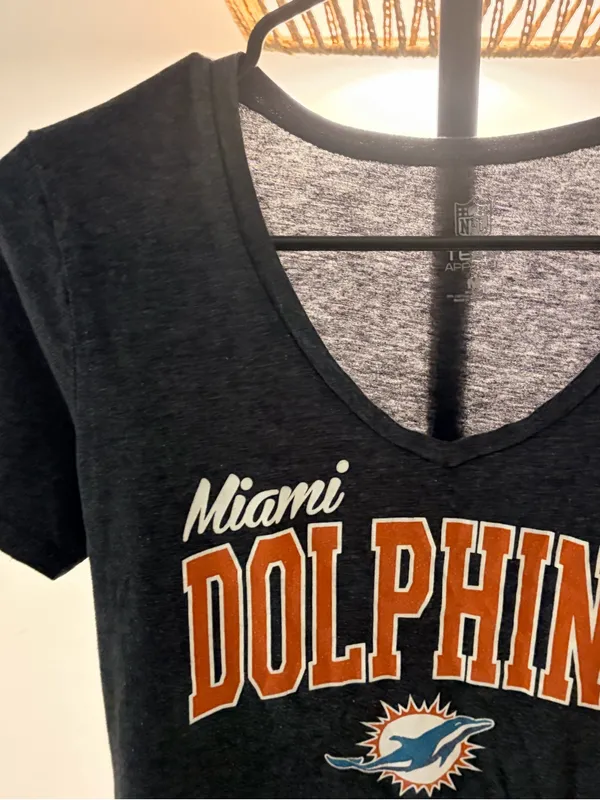 NFL Women's Black V-Neck Miami Dolphins Tee with Orange Lettering - Image 4