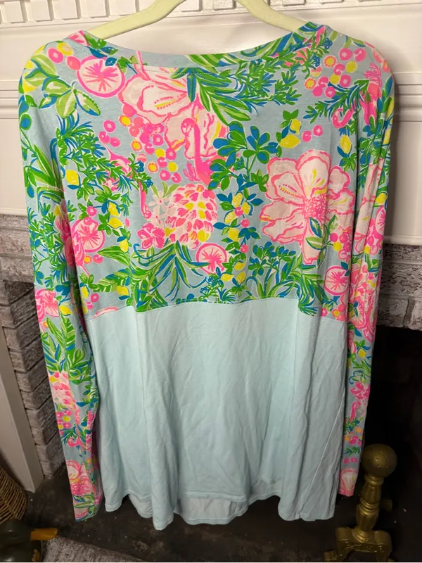 Lilly Pulitzer Pink & Aqua Floral Long Sleeve Finn Top Colorful Bright - Image 3
