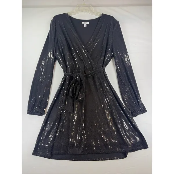 Cara Santana x Nine West Black Sequin Wrap Mini Holiday Chic Formal Dress XL - Image 3