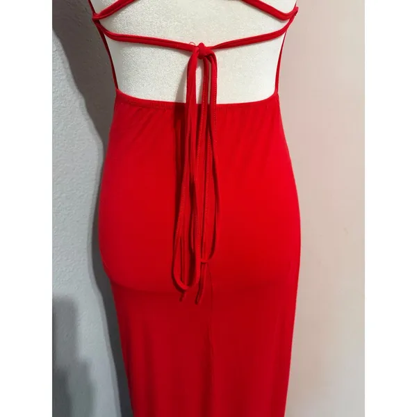 Red High Neck Maxi Dress S Halter Open Back‎ Lace Up Strappy Bodycon Formal Gown - Image 11