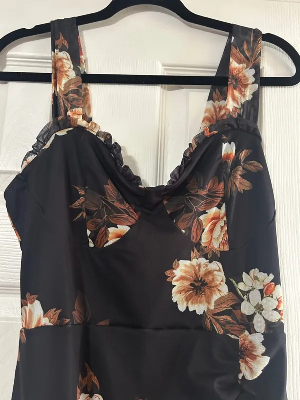 SHEIN Black Floral Ruched Midi Dress with Cream & Brown Blooms - Image 5