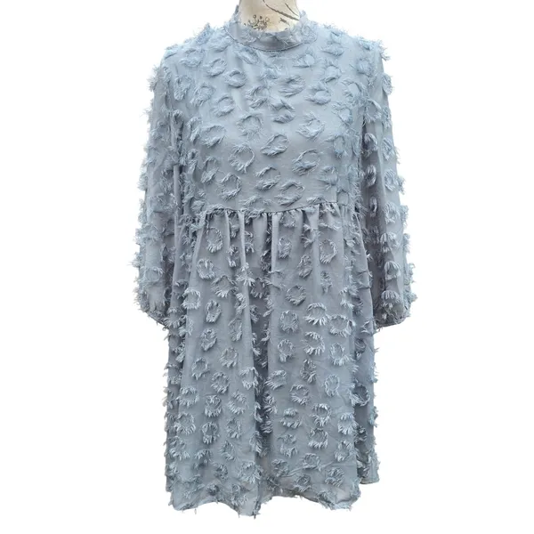 Zara Textured Fringe Circle Applique Babydoll Mini Dress‎ Dusty Blue Small - Image 2