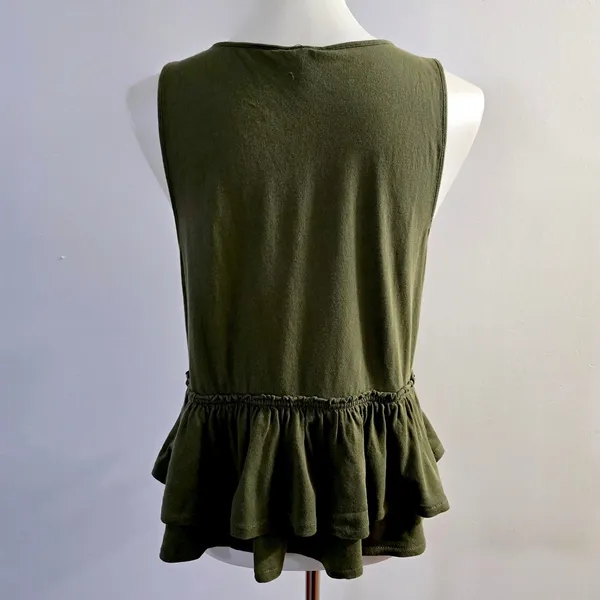 J.Crew Peplum Wrap Top Large Olive Green Cotton Tiered Ruffle Sleeveless V-Neck - Image 5