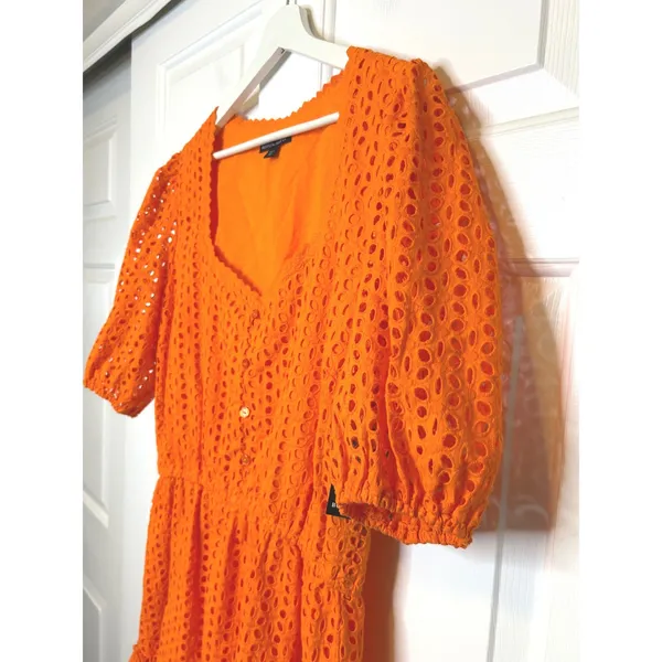 Boston Proper NWT Eyelet‎ Mini Dress Large Orange New Puff Sleeve Tiered - Image 2