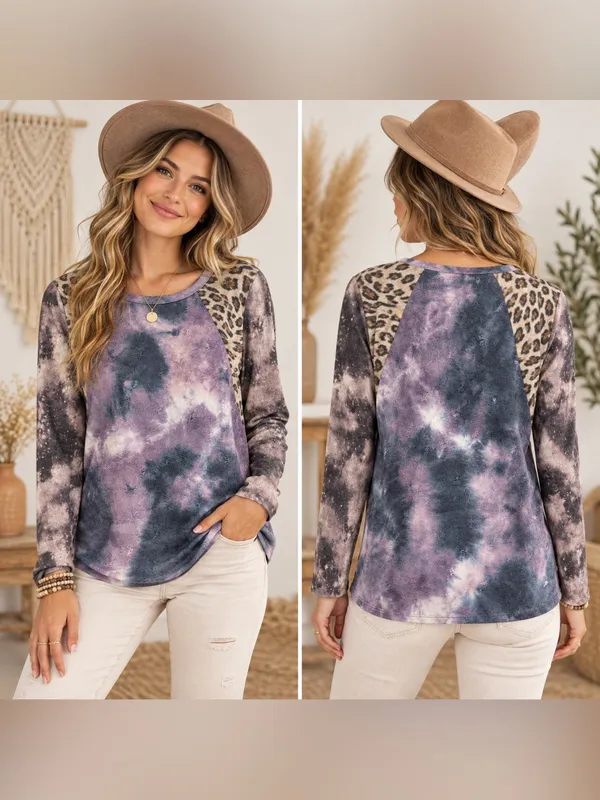 BiBi Tie-Dye Leopard Raglan Long Sleeve Top - Purple & Gray - Image 2