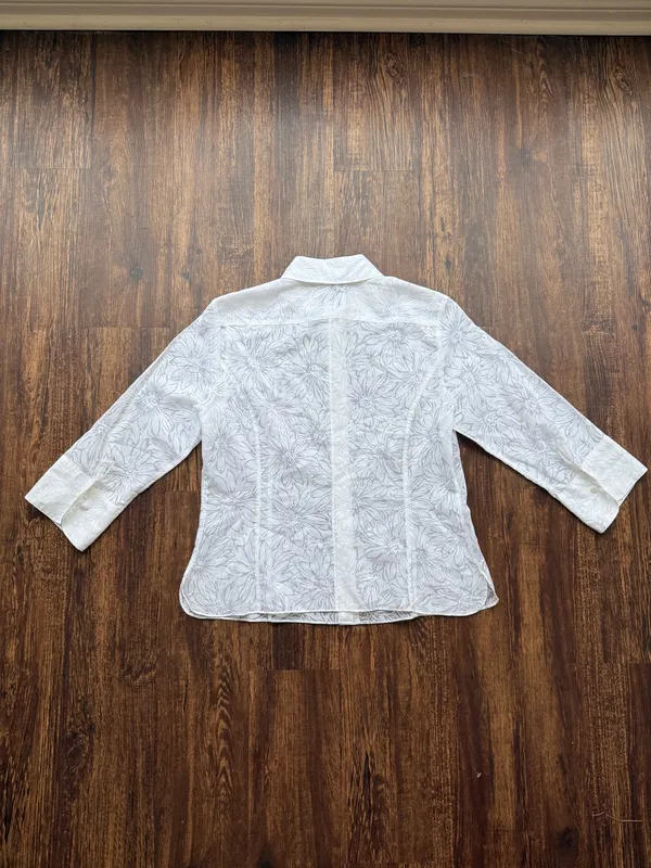Talbots White Floral Burnout Blouse 3/4 Sleeve Sheer Button Up Shirt - Size 12 - Image 3