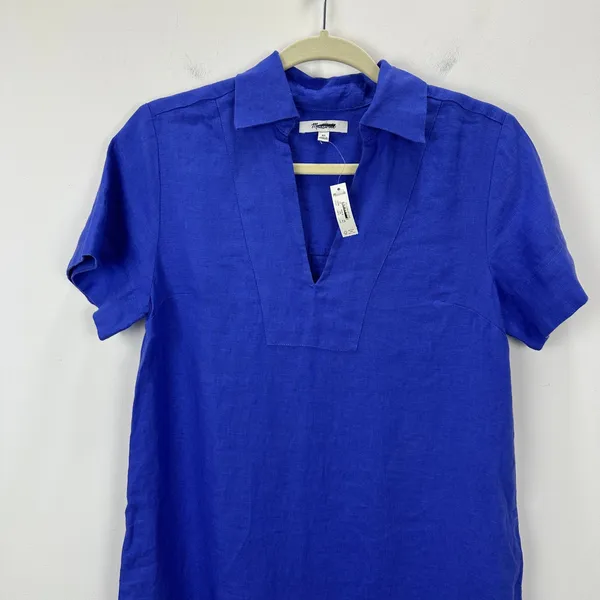 Madewell V Neck Mini Dress Linen Blue Pockets Easy Shift Relaxed Coastal XS NWT - Image 8