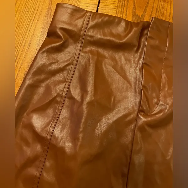 ZARA Brown Vegan‎ Faux Leather Pronounced Seams High Waisted Mini Skirt Size XXL - Image 7