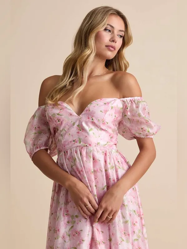 Lulus Sincerely Wondrous Pink Floral Puff Sleeve Tiered Midi Dress Size XL NWT - Image 4