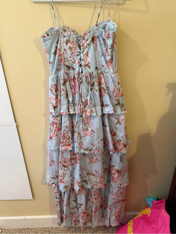 Altar'd State Pastel Blue Floral Tiered Maxi with Sweetheart Bodice - Image 3