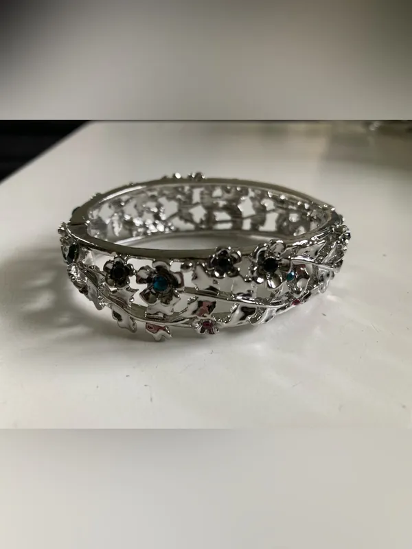 Silver Floral Bangle Bracelet w/ Pink, Green and Teal Crystal Accents - Image 5