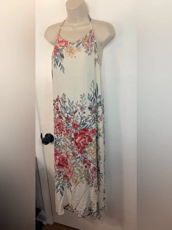 Billabong XS San Sebonne Floral Halter Maxi Dress Ivory Pink Crinkle Open Back - Image 4
