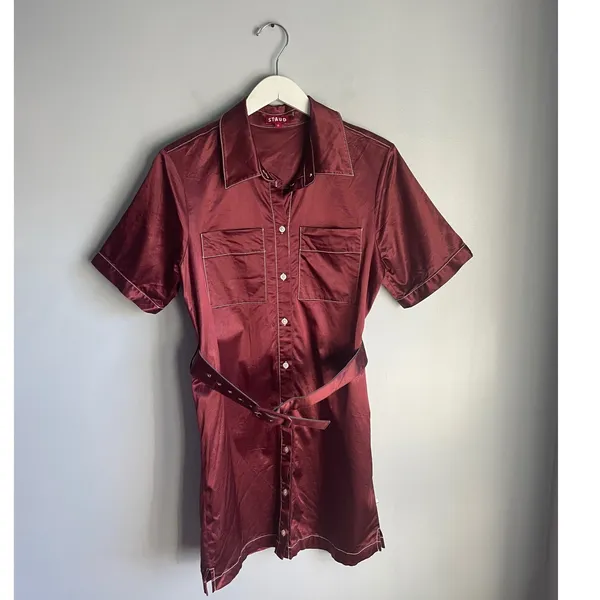 STAUD Bentley Burgundy Satin Short Sleeve Belted Mini Shirt‎ Dress Size M - Image 2