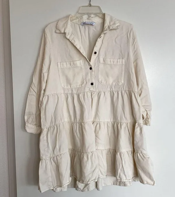 ZARA poplin long collared shirt dress tiered cream ivory ecru 3/4 sleeve large - Image 2