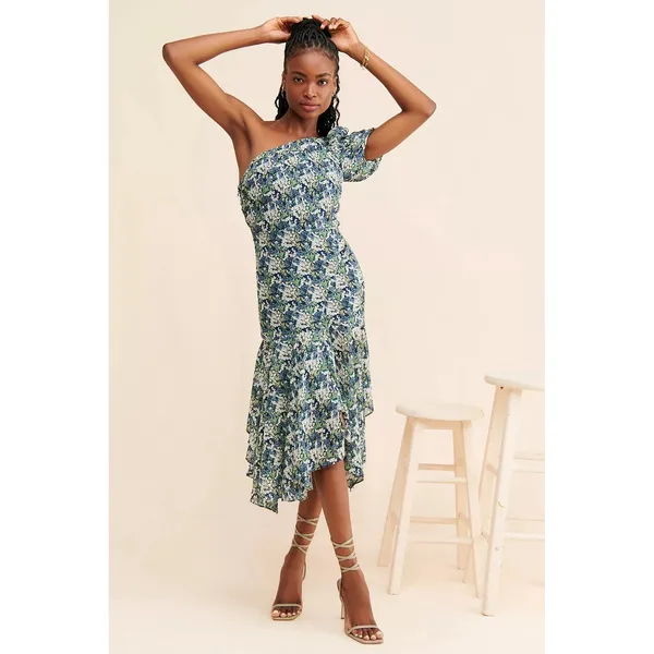 ASTR The Label Santorini Dress Medium Green‎ Blue Floral One Shoulder Midi - Image 2