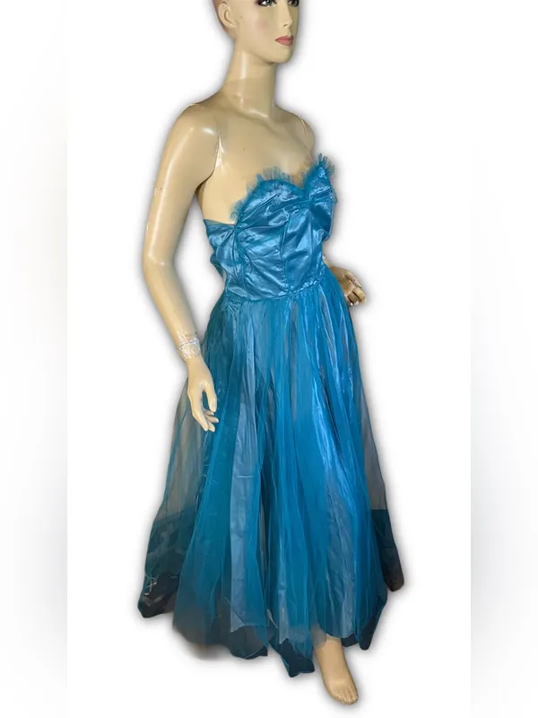 Vintage 1950'S Turquoise Blue Satin & Tulle Strapless Party Dress (Xs) - Image 3