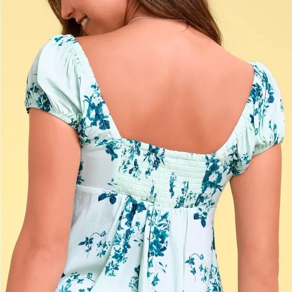 Free People Blue Floral Peasant Top XS Cottagecore Boho Puff Sleeve Babydoll - Image 5