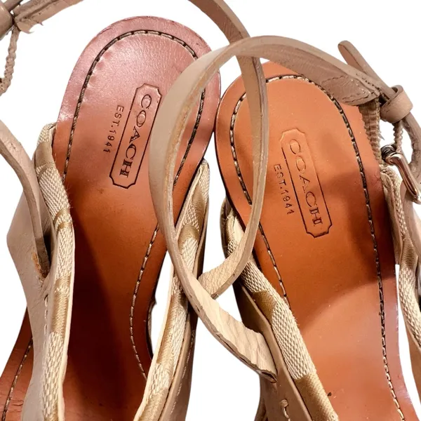 Coach Khaki Leather Signature Canvas Mendez Cork Wedges Sandals - Image 6
