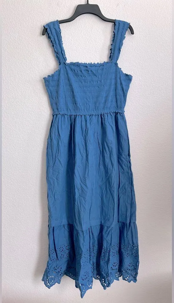 Betsey Johnson Smocked Embroidered Eyelet Midi Dress in Federal Blue, Size XL - Image 3