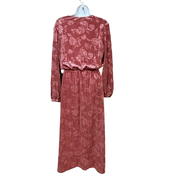MOTF Premium Pink Velvet Burnout Floral Maxi Dress Lace Up Split Sleeve Small - Image 3