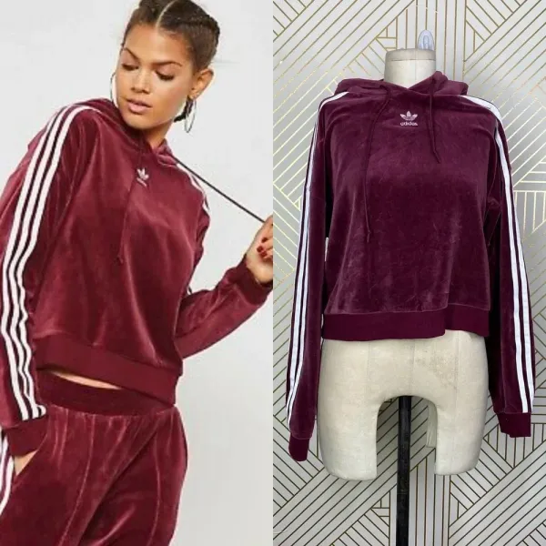 Adidas Originals Hoodie Sweatshirt Cropped Velour Purple Red Size US‎ Small - Image 2