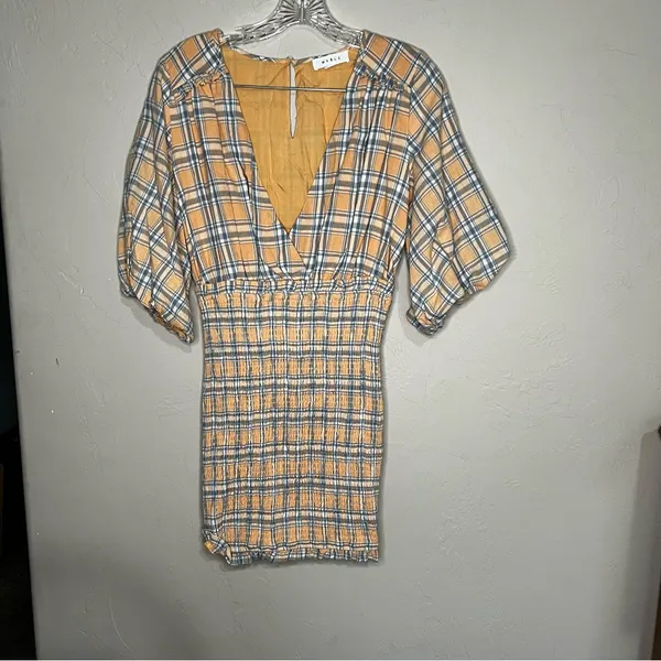 Mable Southern Peach Plaid Deep V Neck Smocked Skirt Puff‎ Sleeve Mini Dress - Image 2