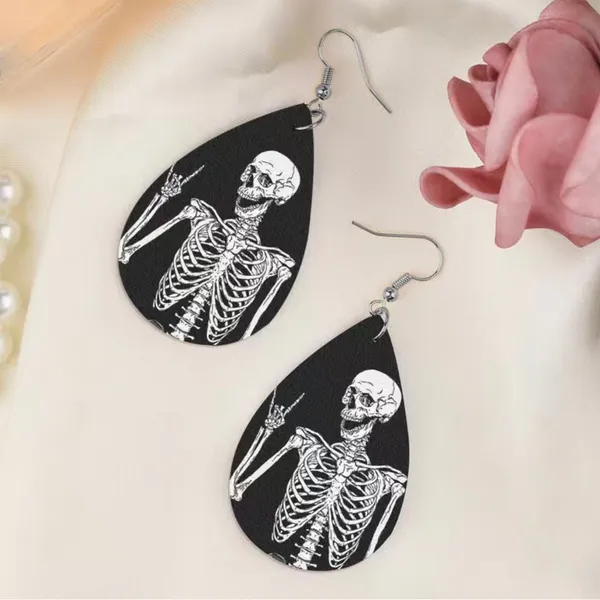 Gothic Skull‎ Faux Leather Teardrop Halloween Earrings Faux Fashion Jewelry - Image 5