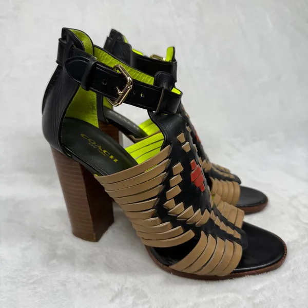 Coach Black Tan Neon‎ Woven Leather Block Heel Sandals Buckle Ankle Strap 7 - Image 7