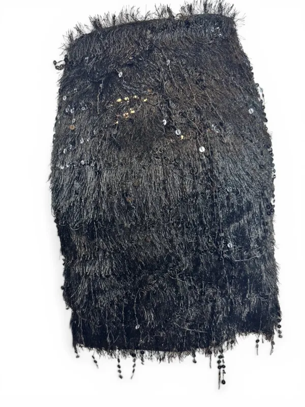 H&M Black Sequin Fringe Skirt Size L Party Evening Glam Statement Mini - Image 3